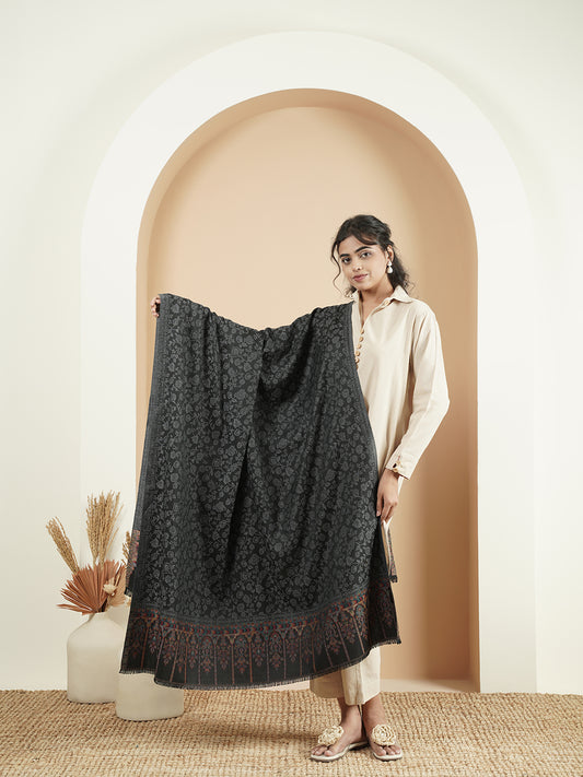 Kani Floral Weave Soft Woolen Shawl for Women | Black