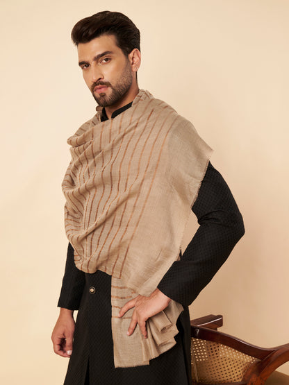 Fine Wool Horizontal Zari Stripes Stole | Beige