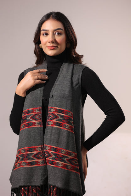 Women's Sleeveless Kullu Pattern Shrug Cardigan | Grey