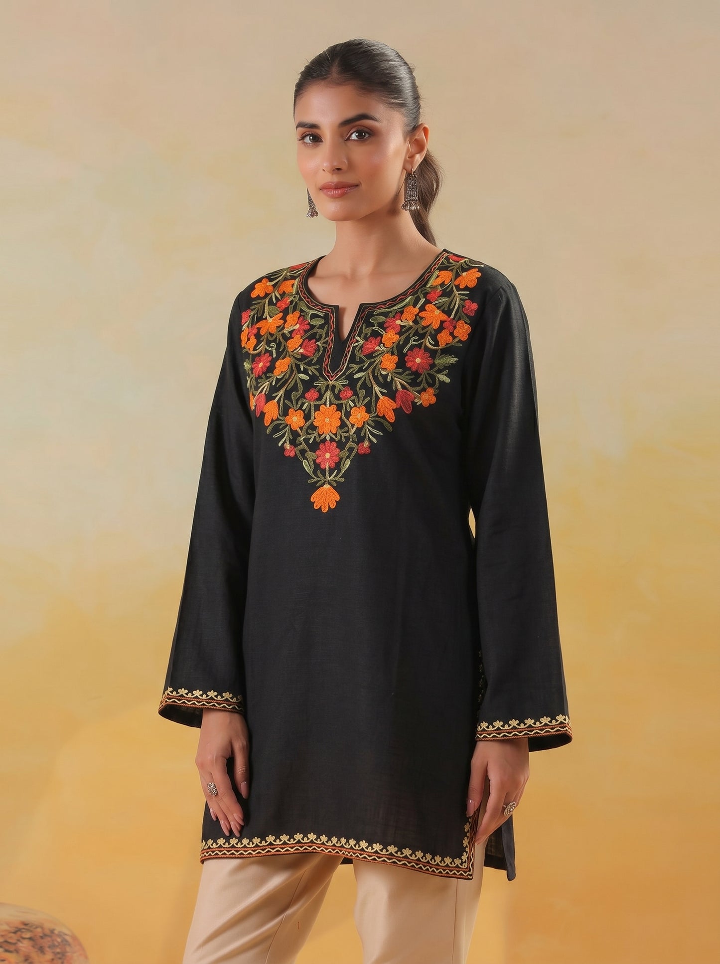 Women's Aari Floral Embroidered Woollen Kurta | Black