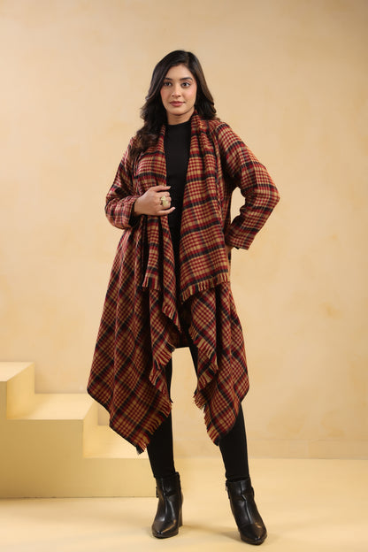 Women's Full Sleeve Woolen Checkered Shrug Cardigan | Maroon Check