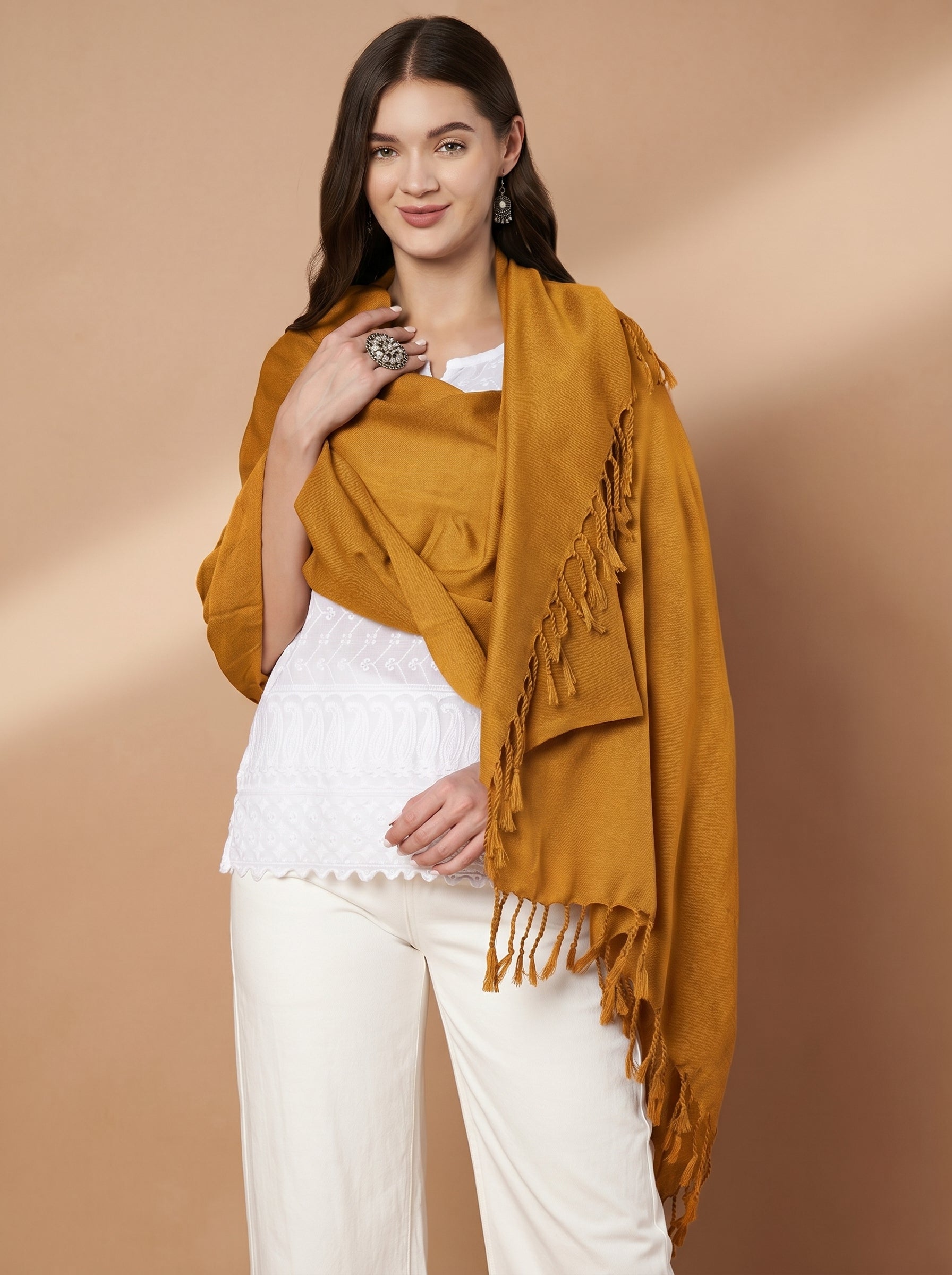 Plain Mustard Woolen Stole for Women | Mustard