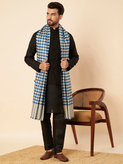 Men's Woollen Lohi Shawl | Blue Grey Check