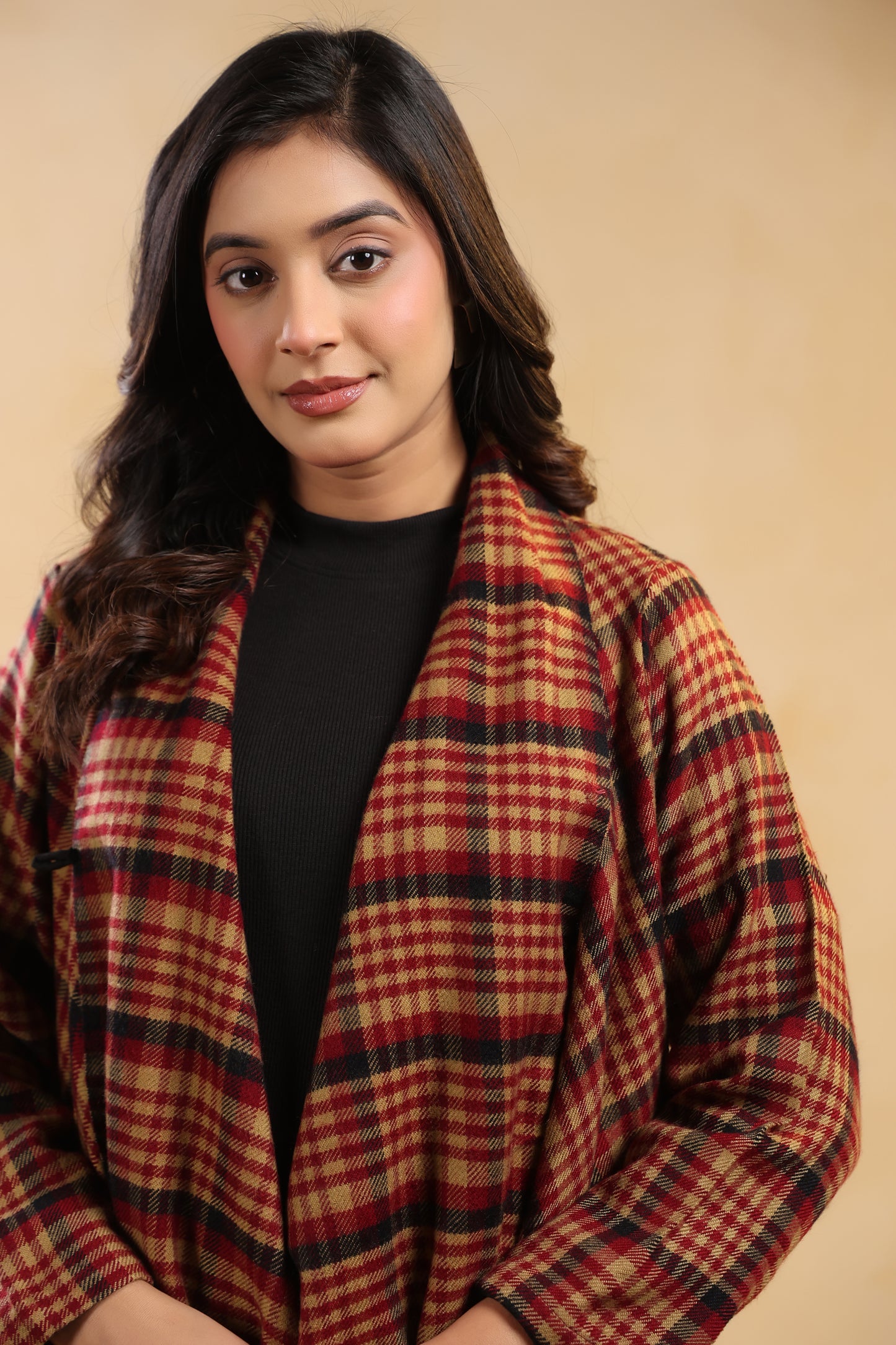 Women's Full Sleeve Woolen Checkered Shrug Cardigan | Maroon Check