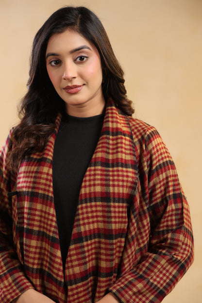 Women's Full Sleeve Woolen Checkered Shrug Cardigan | Maroon Check