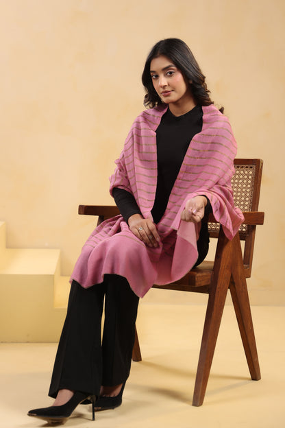 Fine Wool Horizontal Zari Stripes Stole | Pink