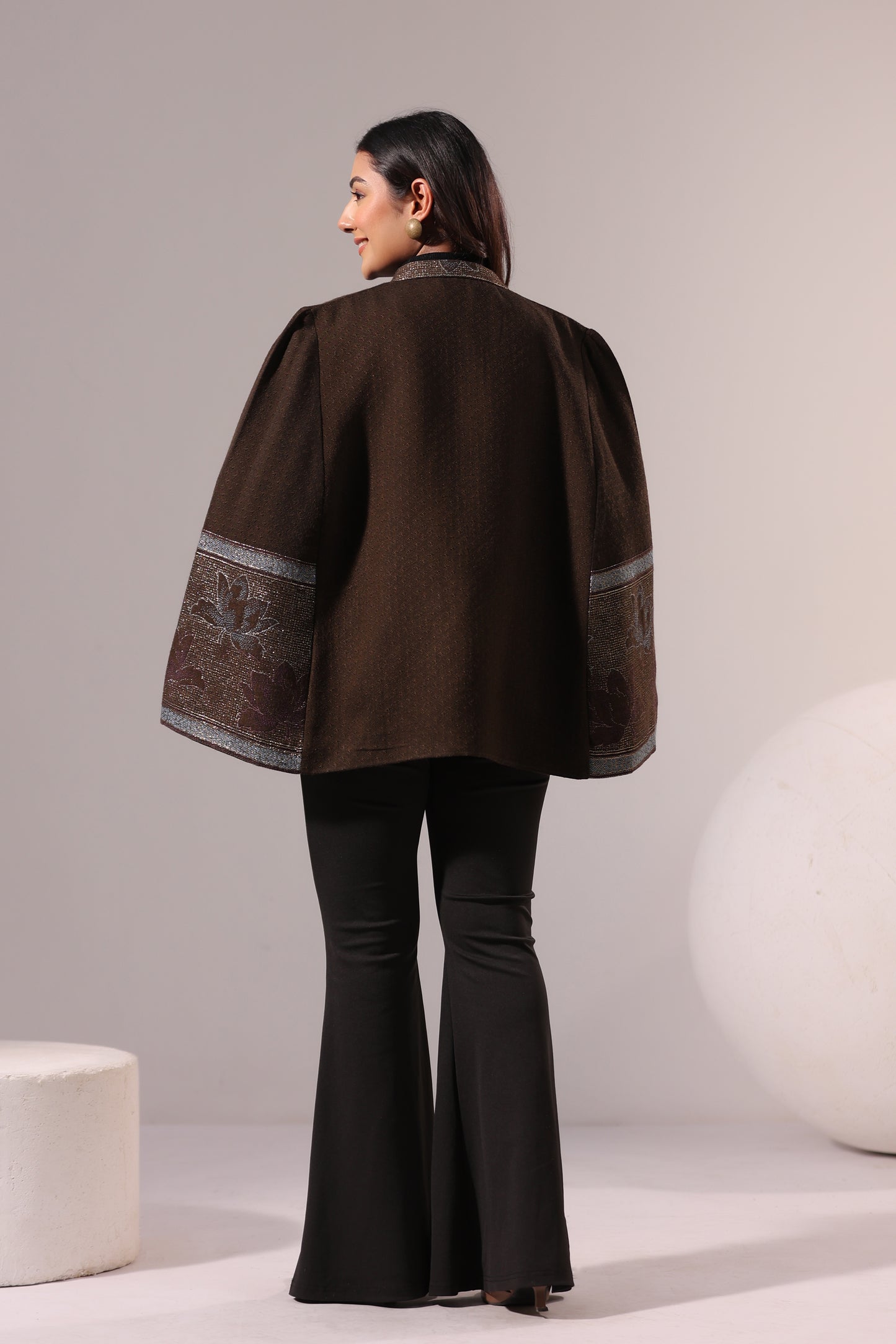 Women's Woven Cape Jacket with Zari Lotus Border | Brown