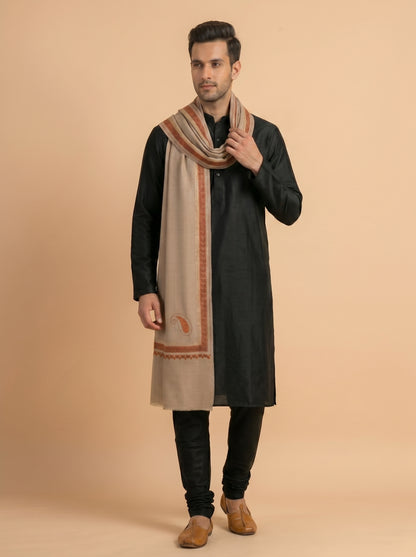 Kashmiri Sozni Zari Embroidery Shawl for Men | Beige - view 3