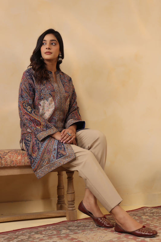 Women's Kaani Woven Winter Kurta | Navy Blue