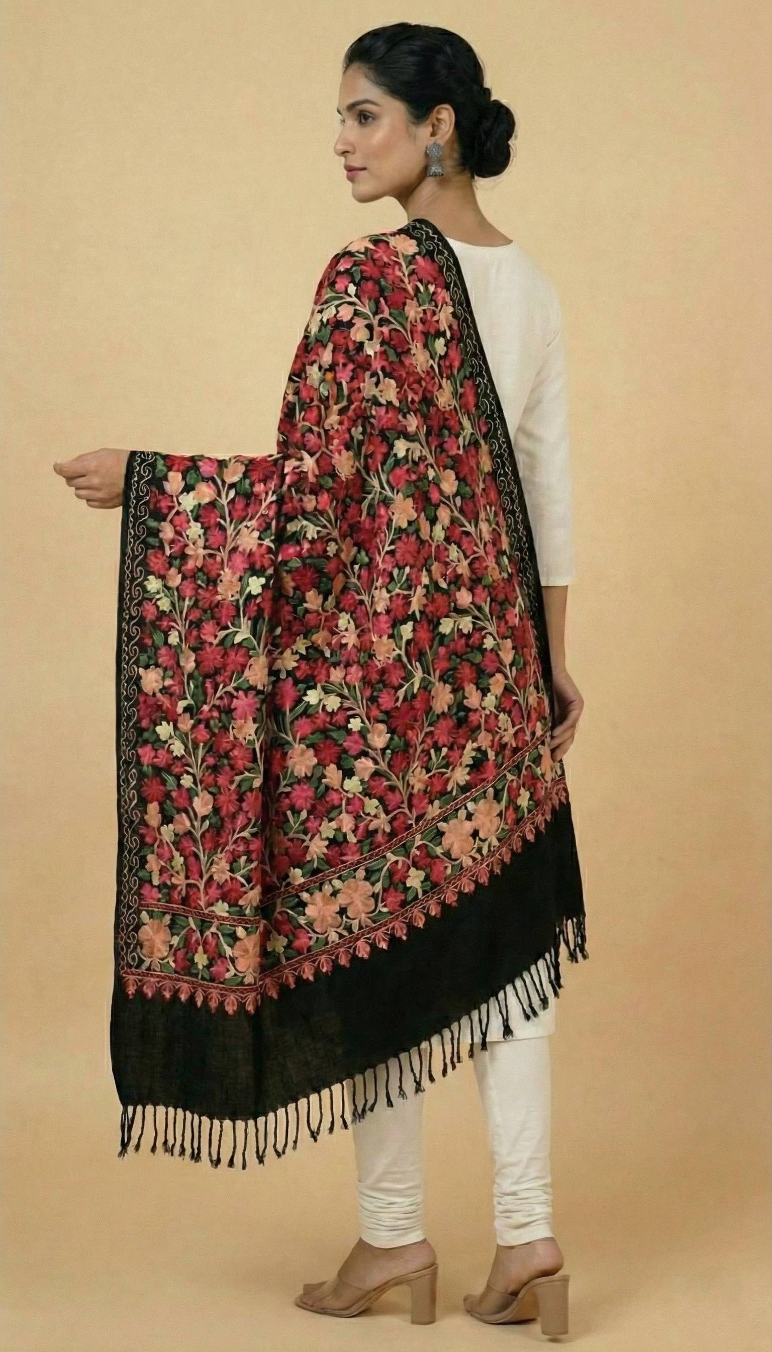 Kashmiri Aari Embroidery Woollen Stole for Women | Black - view 3