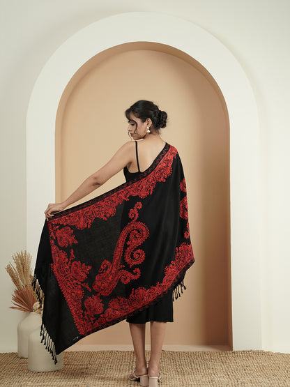 Floral Kashmiri Embroidery Warm Stole with Fringed Border | Black