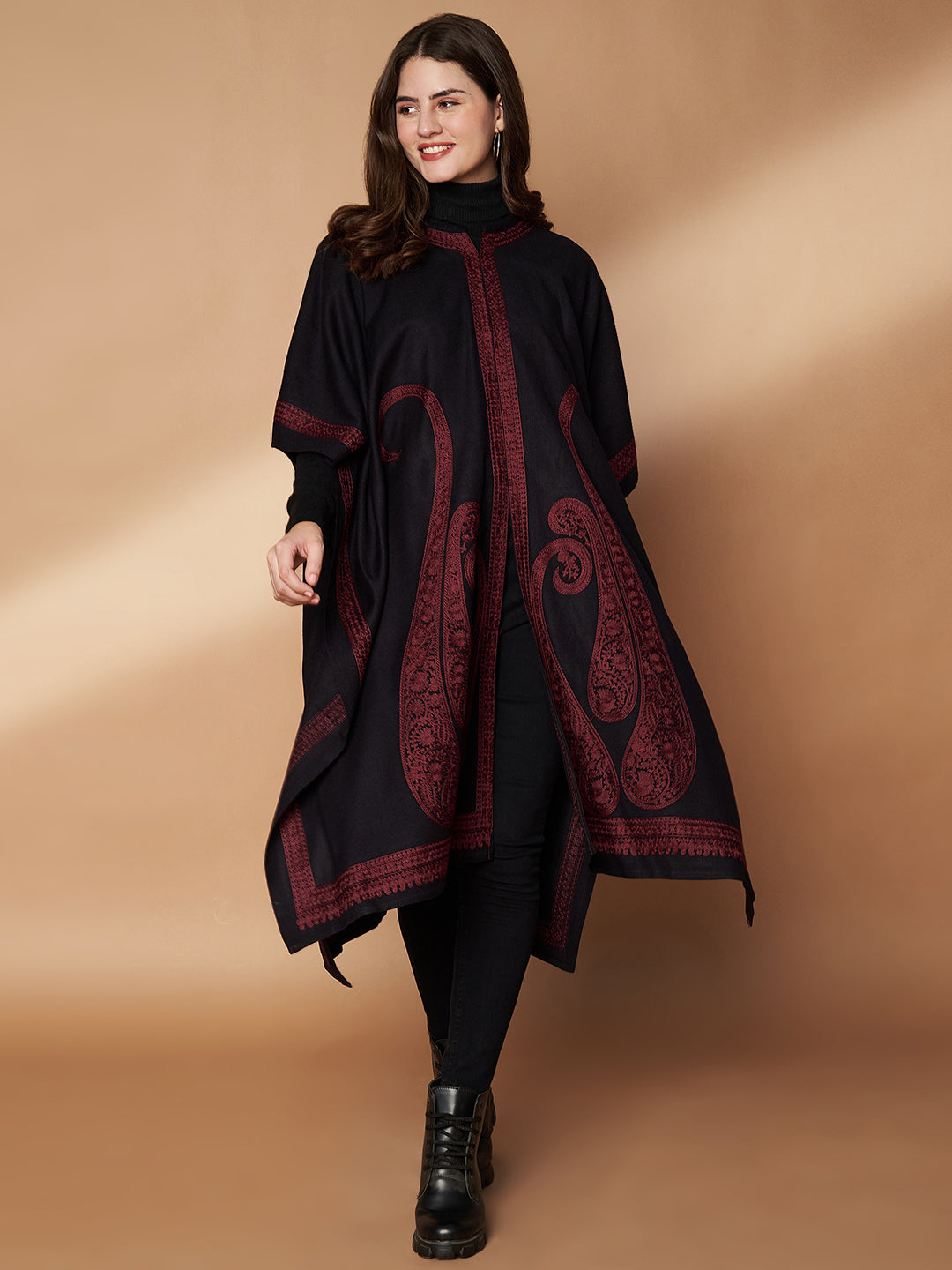 Paisley Embroidery Black and Wine Pheran Shrug - view 6