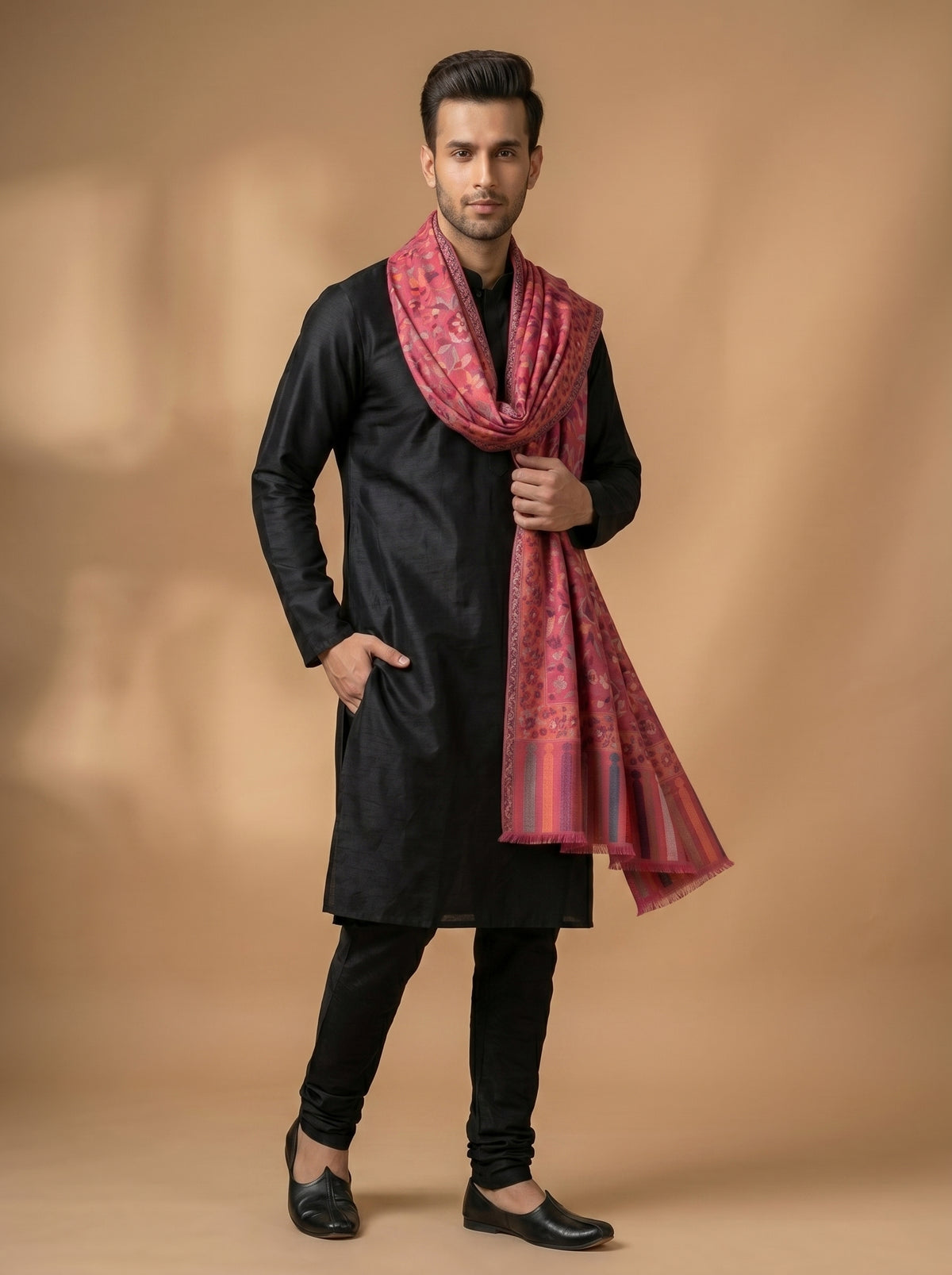 Kani Woven Shawl for Men in Paisley Design Weaving | Magenta - view 5