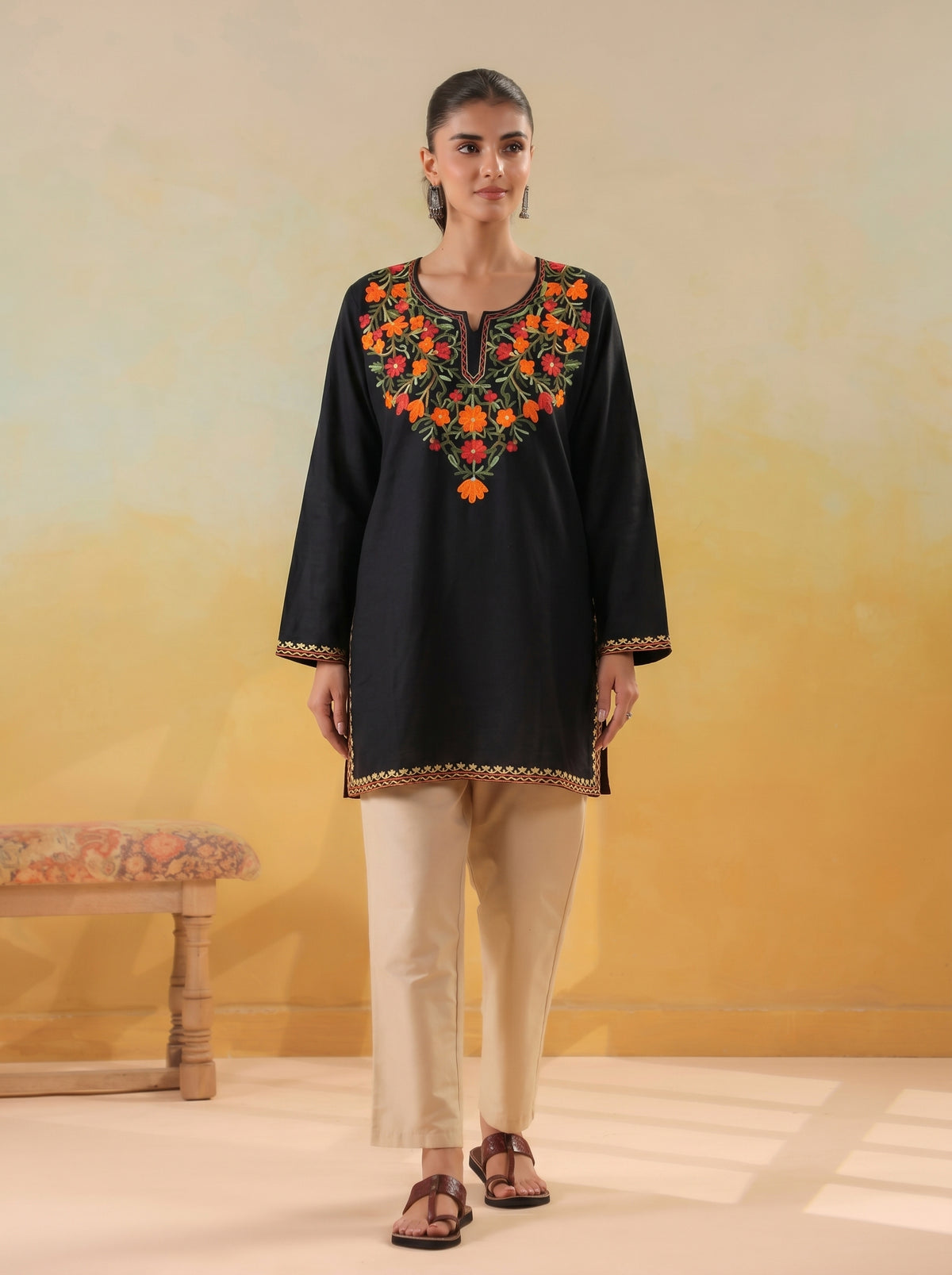 Women's Aari Floral Embroidered Woollen Kurta | Black - view 5