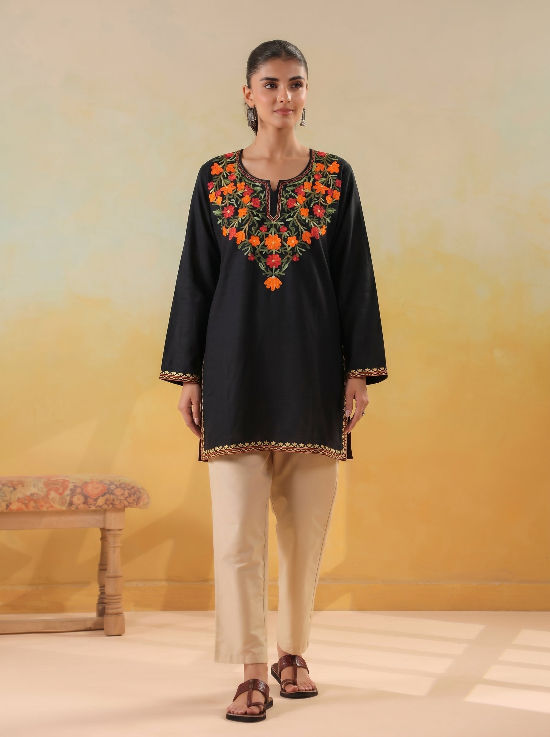Women's Aari Floral Embroidered Woollen Kurta | Black - view 5