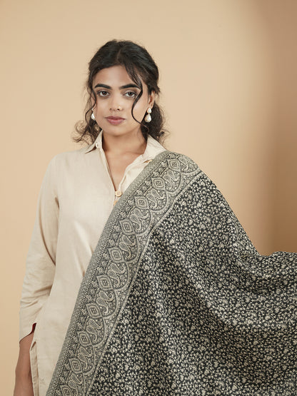 Floral All-over Kani Weave Woolen Stole with Paisley Border | Black