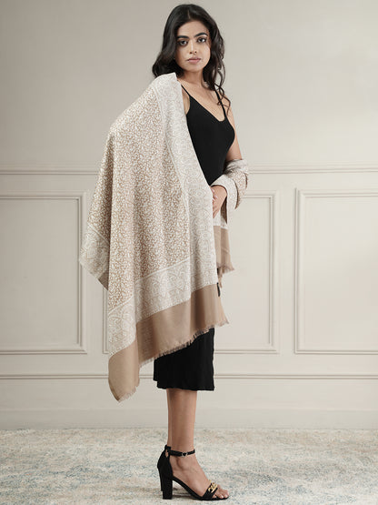 Floral All-over Kani Weave Woolen Stole with Paisley Border | Beige