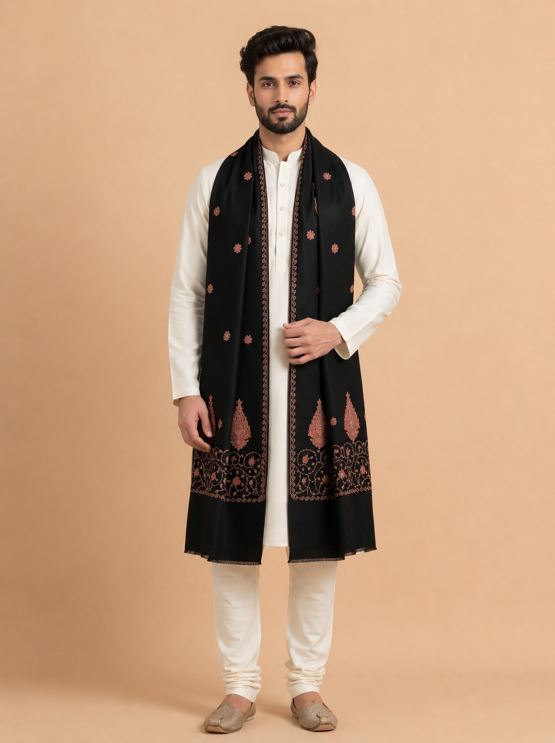 Fine Embroidery Paper Mache Kashmiri Wool Shawl for Men | Black