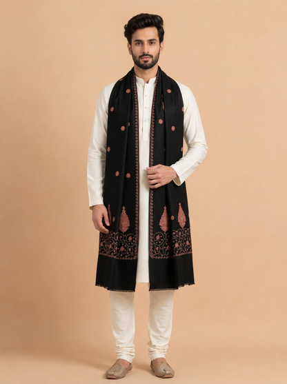 Fine Embroidery Paper Mache Kashmiri Wool Shawl for Men | Black