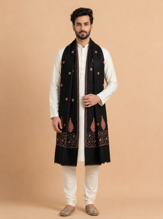 Fine Embroidery Paper Mache Kashmiri Wool Shawl for Men | Black