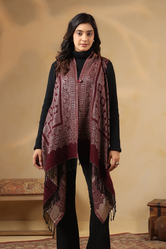 Women's Sleeveless Zari Pattern Shrug Cardigan | Wine - view 4