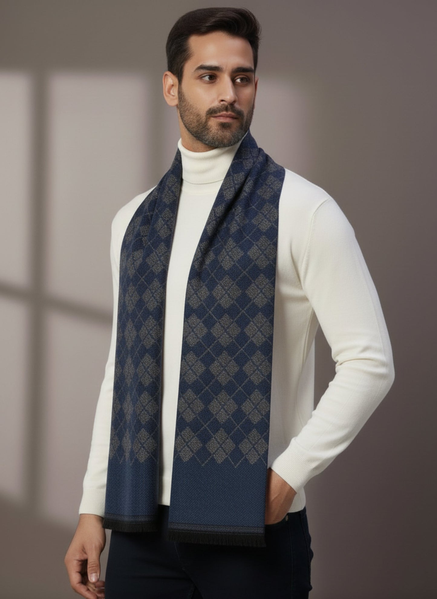 Soft Woollen Muffler for Men | Blue Grey Check Scarf