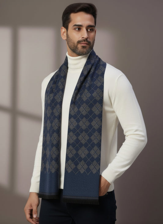 Soft Woollen Muffler for Men | Blue Grey Check Scarf