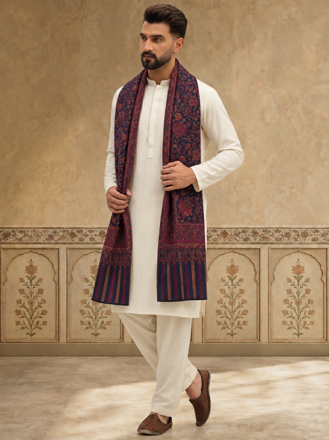 Kani Weave Floral Jaal Pattern Shawl for Men | Blue - view 2