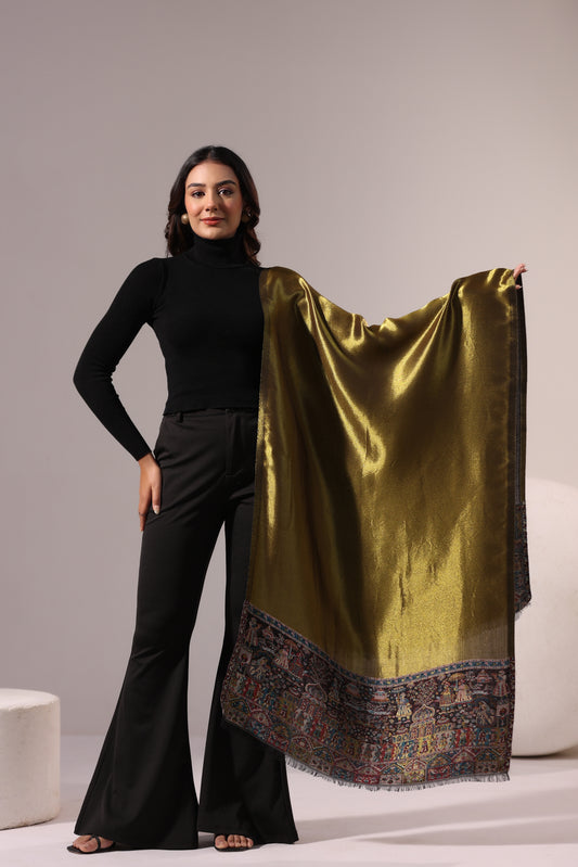 Women’s Premium Kani Woven Shawl with Zari Sheen | Gold Black