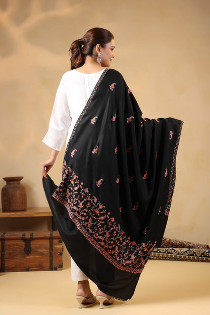 Sozni Floral Embroidery Kashmiri Shawl | Black