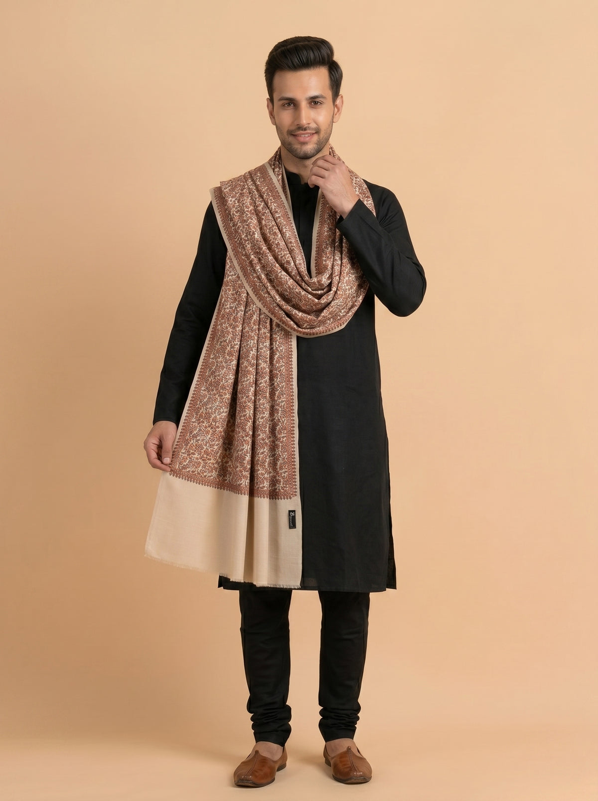 Kashmiri Sozni Jaal Embroidery Shawl for Men | Beige - view 2