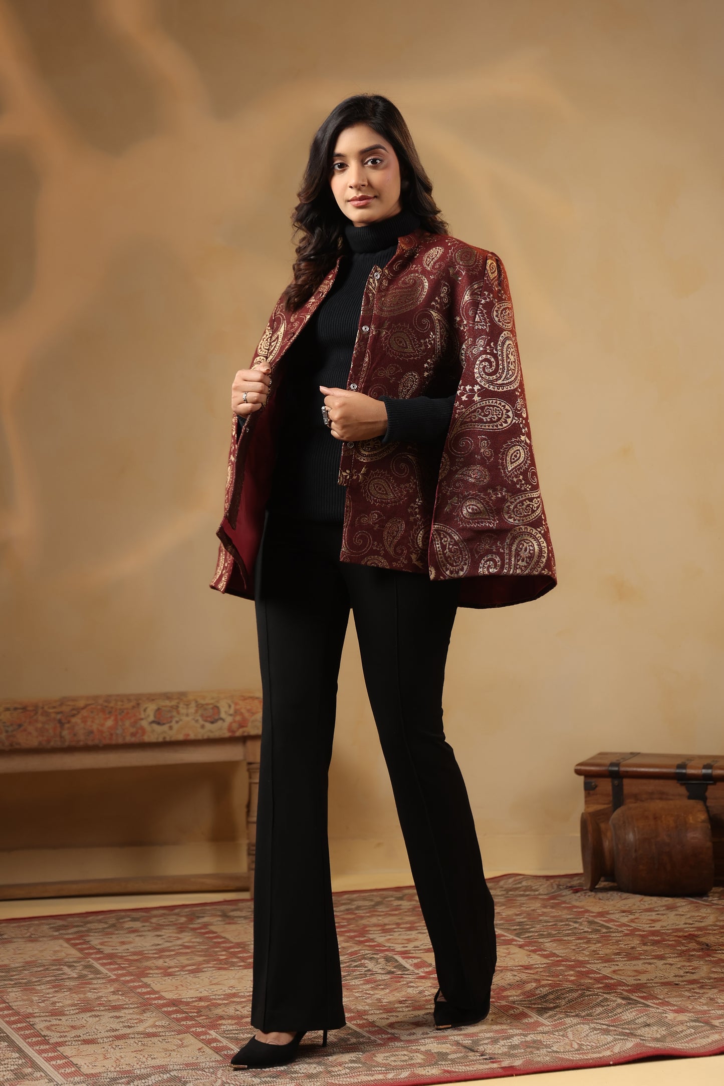 Women's Designer Zari Weave Paisley Cape Jacket | Wine