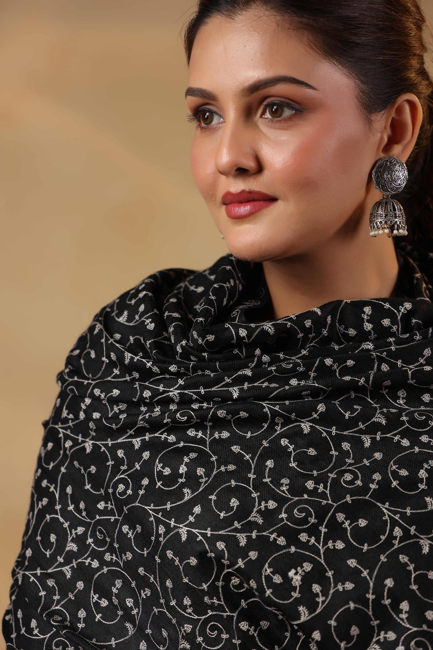 Kashmiri Jaal Embroidery Floral Shawl | Black