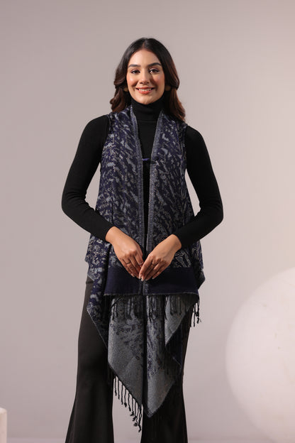 Women's Sleeveless Zari Pattern Shrug Cardigan | Navy Blue
