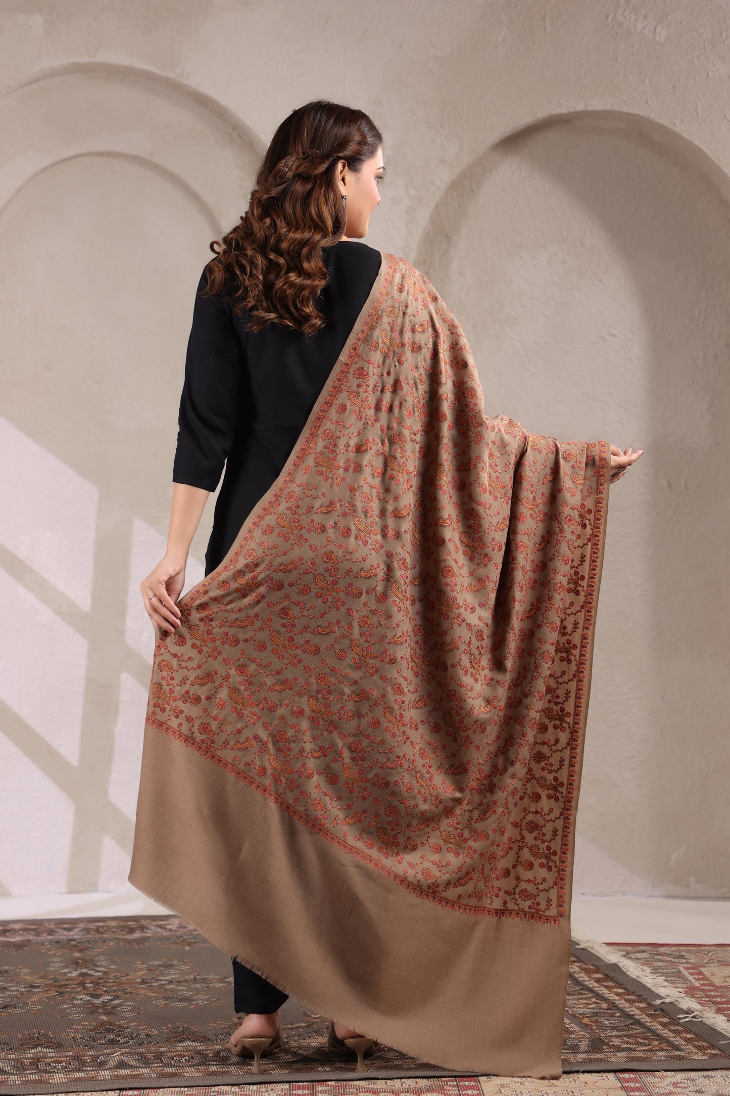 Pure Wool Shawl with All-over Multicolour Royal Paisley Sozni Embroidery - view 4