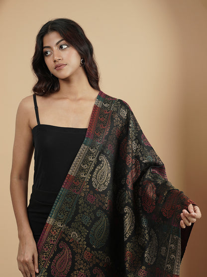 Multicolor Paisley Kani Weave with Zari Work | Black
