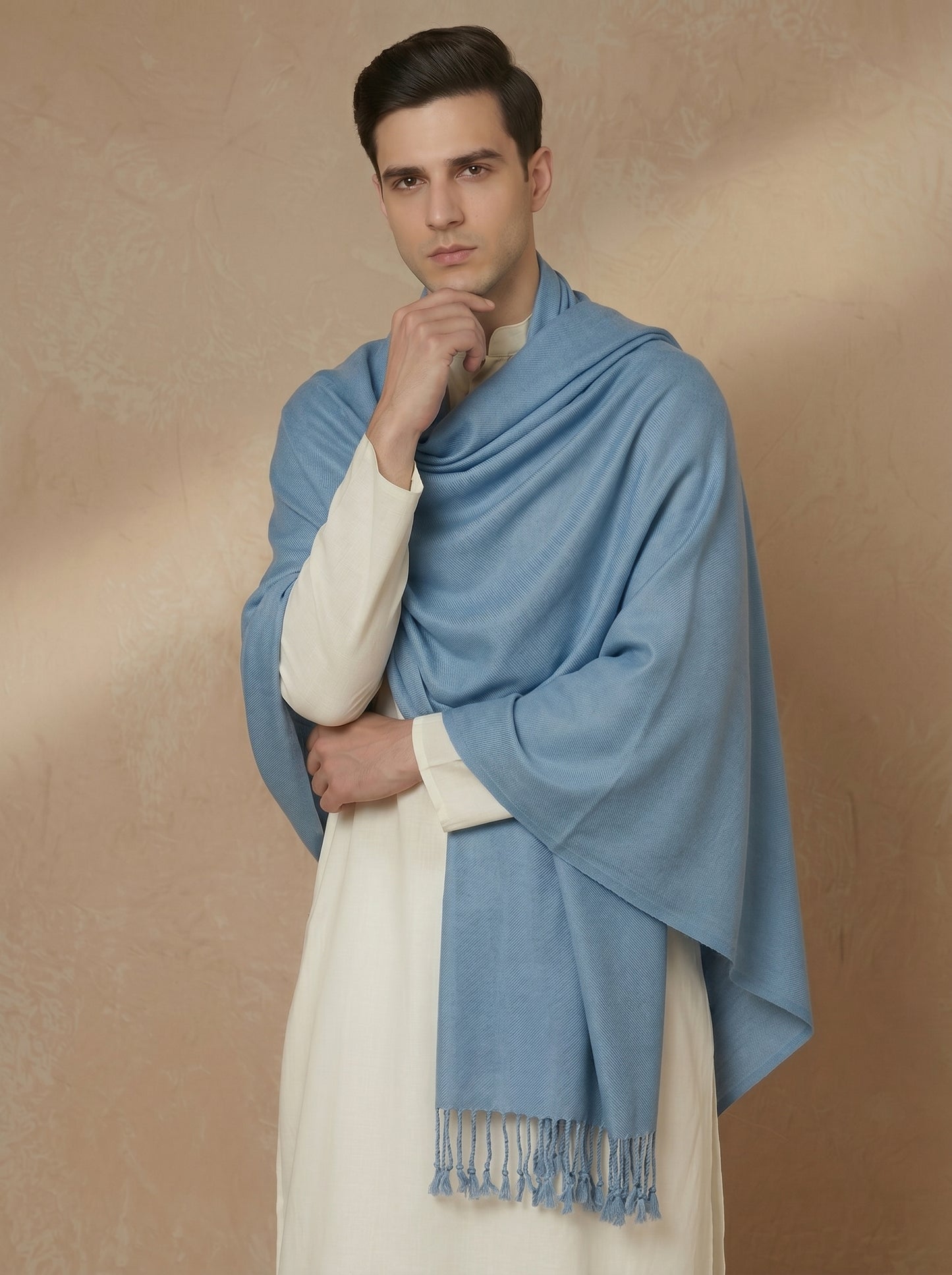 Men Lightweight Solid Color Warm Stole | Dark Sky Blue - view 2