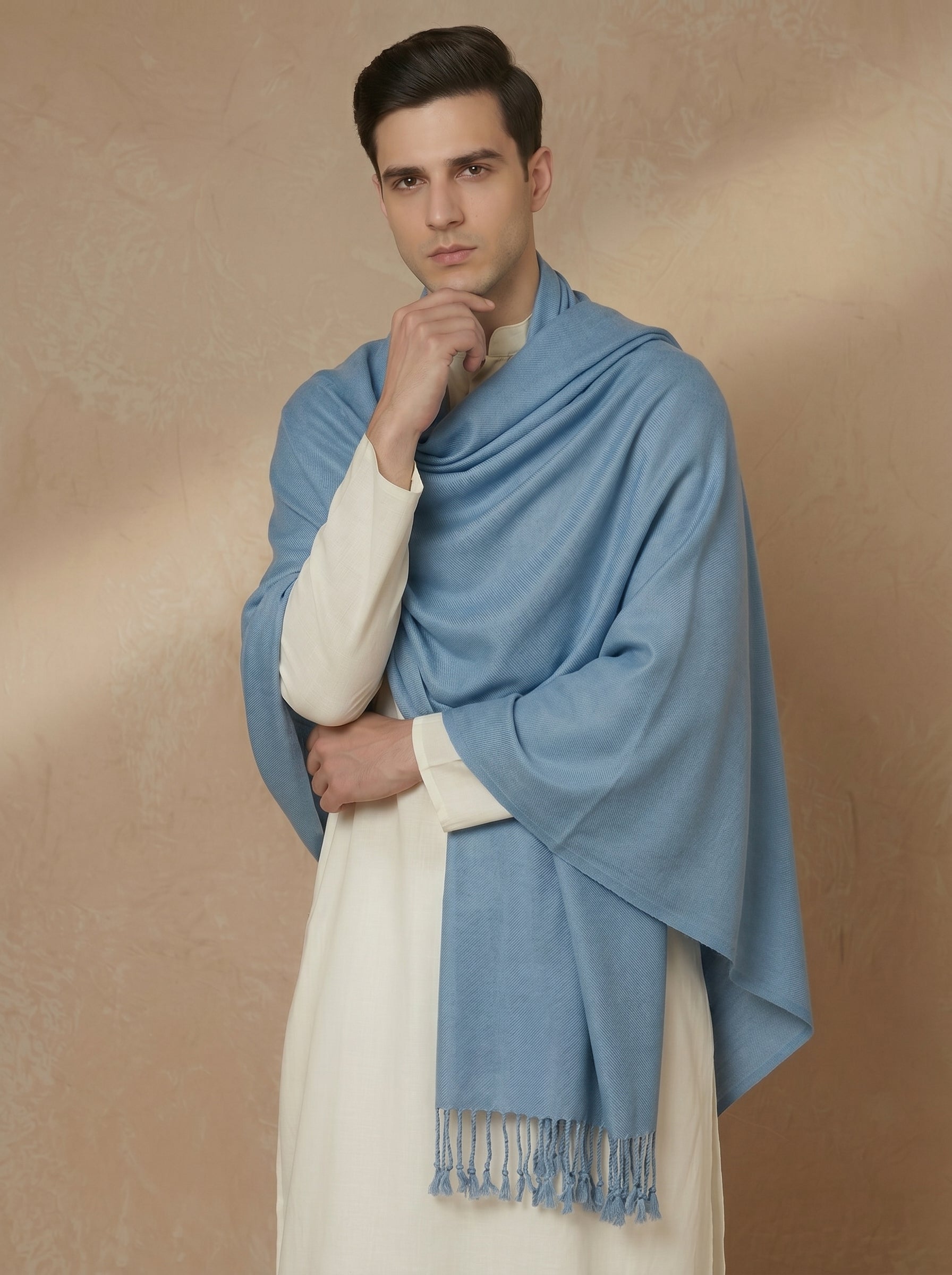 Men Lightweight Solid Color Warm Stole | Dark Sky Blue - view 2