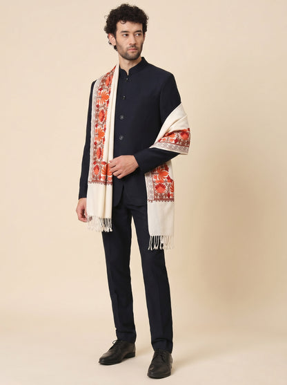 Kashmiri Aari Embroidery Woollen Stole for Men | Off White - view 3