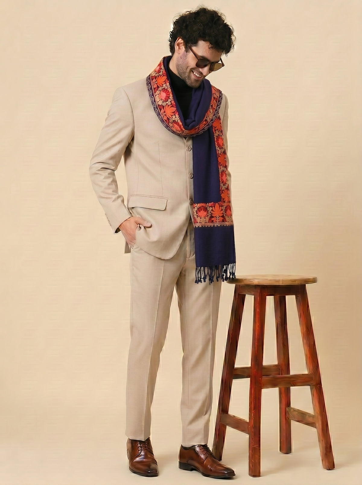 Kashmiri Aari Embroidery Woollen Stole for Men | Blue - view 3
