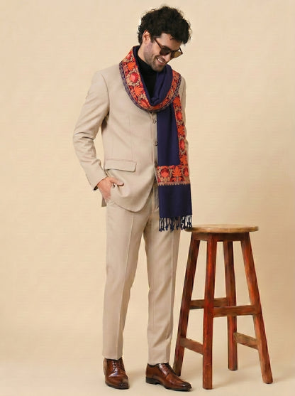 Kashmiri Aari Embroidery Woollen Stole for Men | Blue - view 3