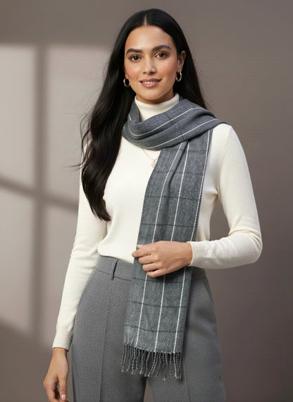 Soft Woollen Muffler for Women | Grey Check Scarf