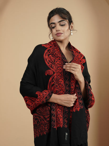 Floral Kashmiri Aari Embroidery Warm Stole with Fringed Border | Black