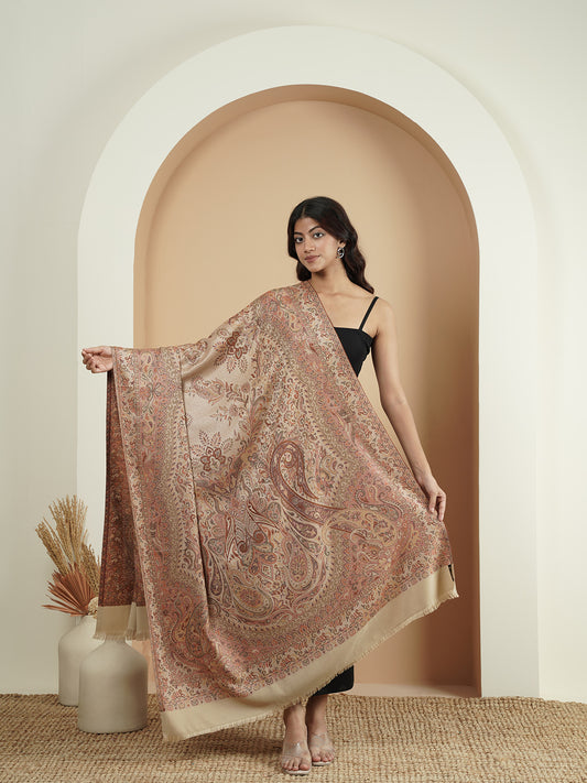 Warm Faux Pashmina Jacquard Woven Jamawar Mughal Shawl (Beige)