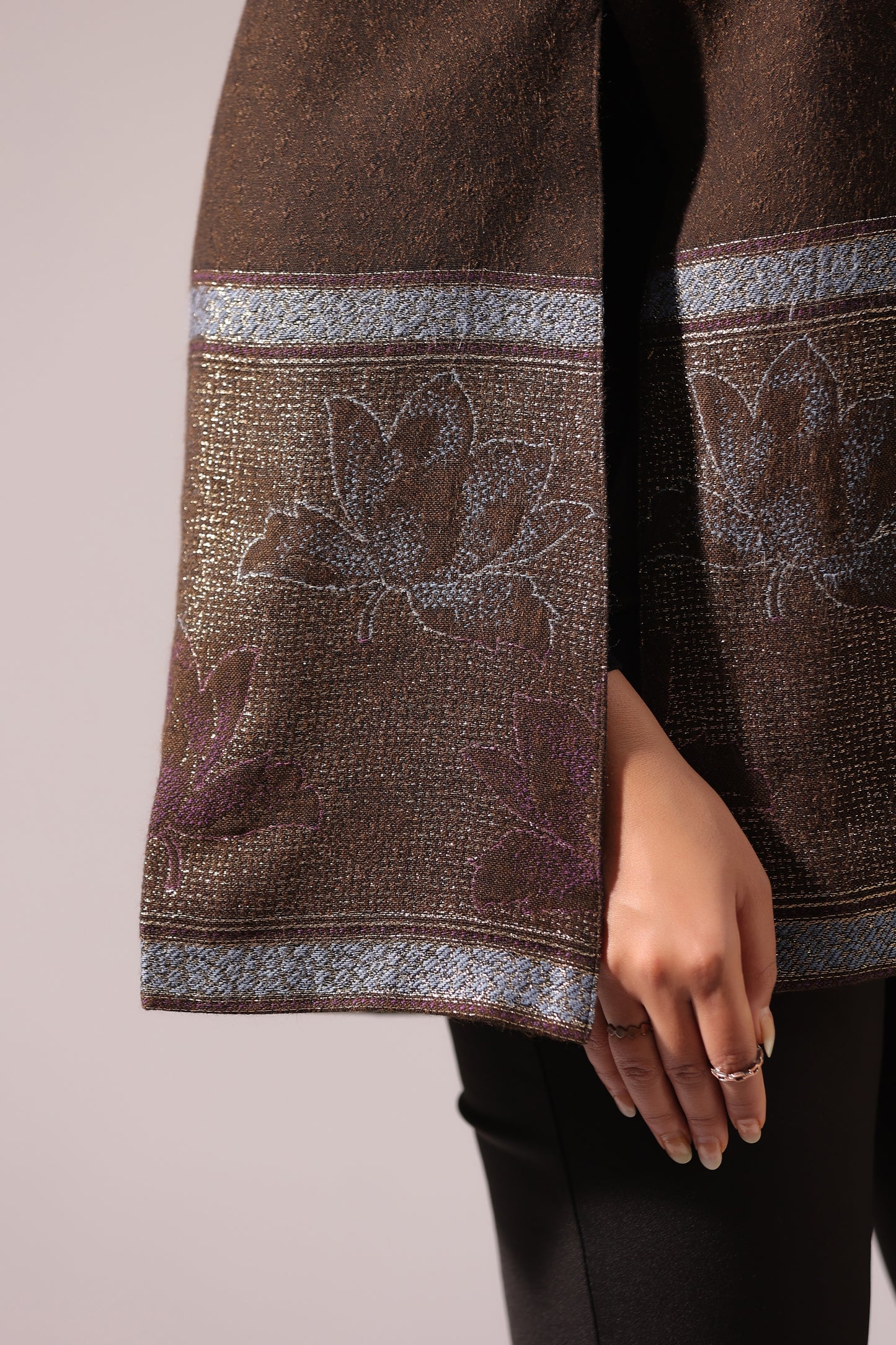 Women's Woven Cape Jacket with Zari Lotus Border | Brown