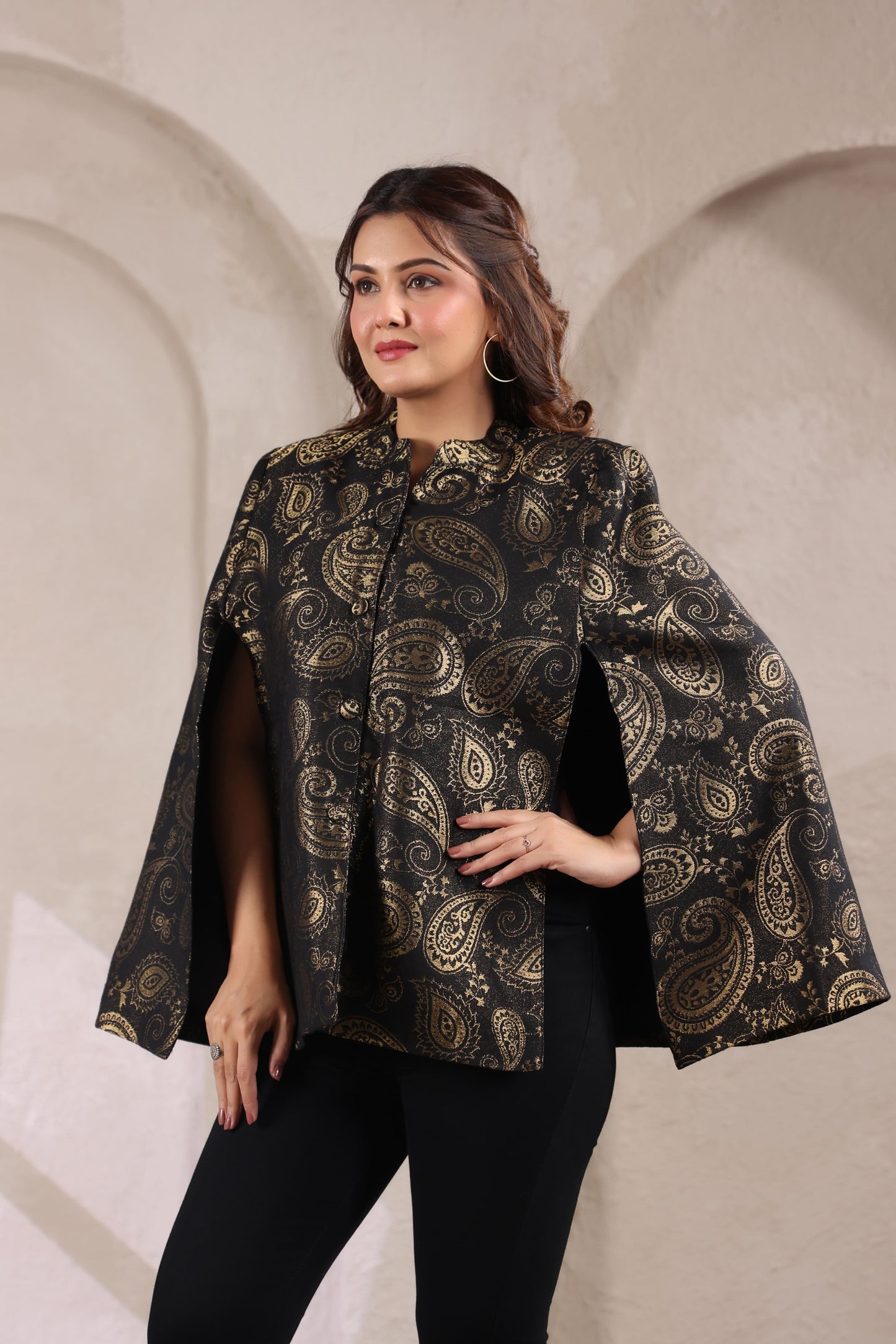 Women's Designer Zari Weave Paisley Cape Jacket | Black