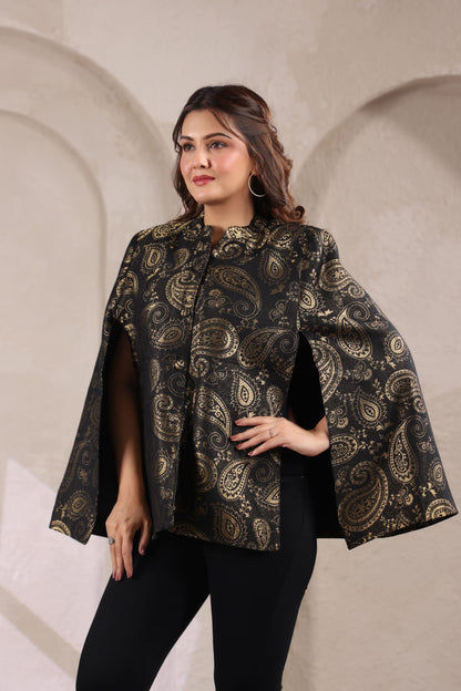 Women's Designer Zari Weave Paisley Cape Jacket | Black