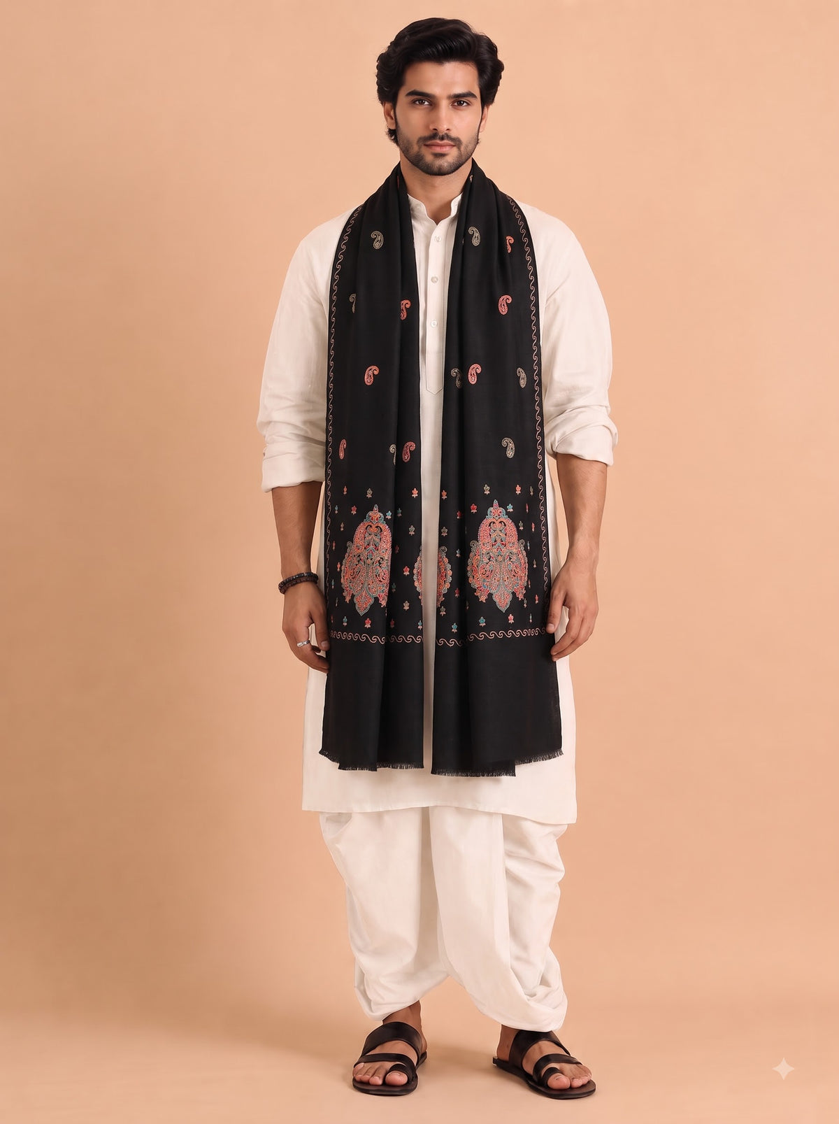Fine Embroidery Paper Mache Kashmiri Wool Shawl for Men | Black - view 2