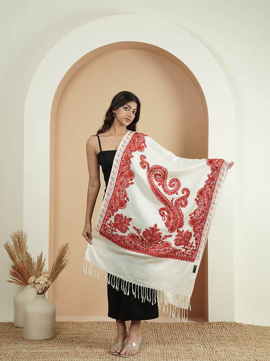 Floral Kashmiri Embroidery Warm Stole with Fringed Border | White