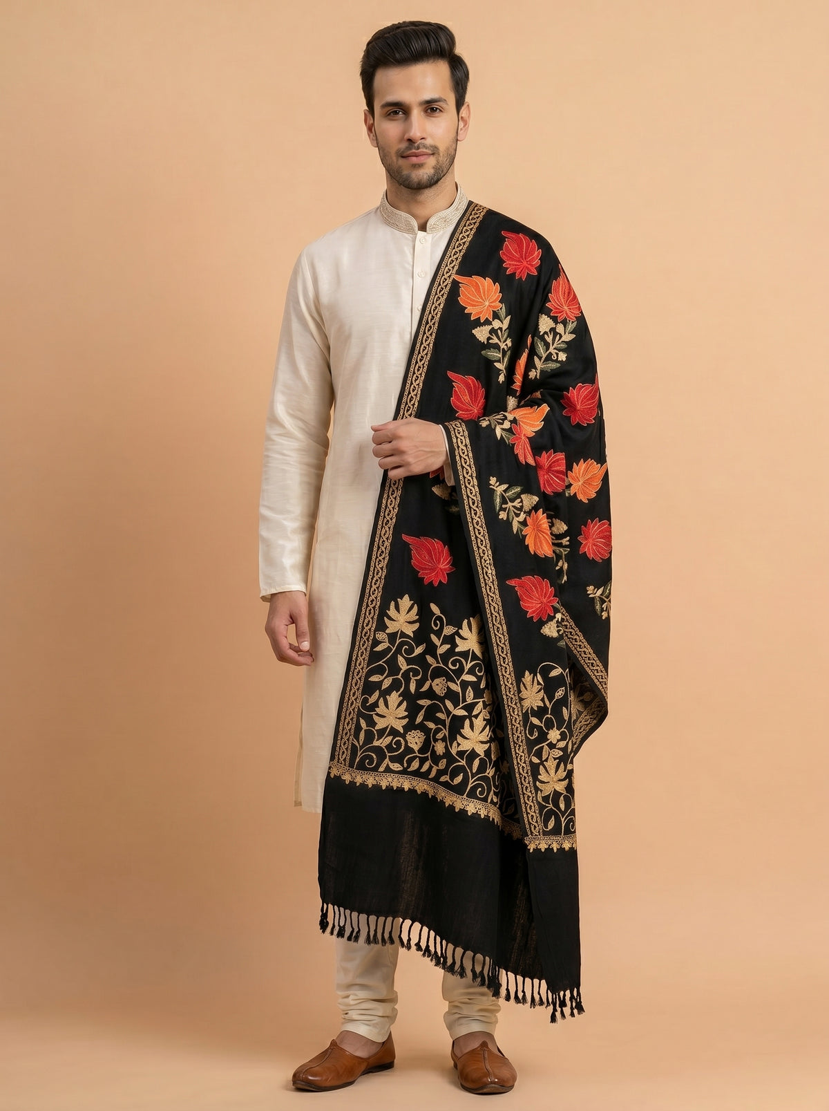 Kashmiri Aari Embroidery Woollen Stole for Men | Black - view 5